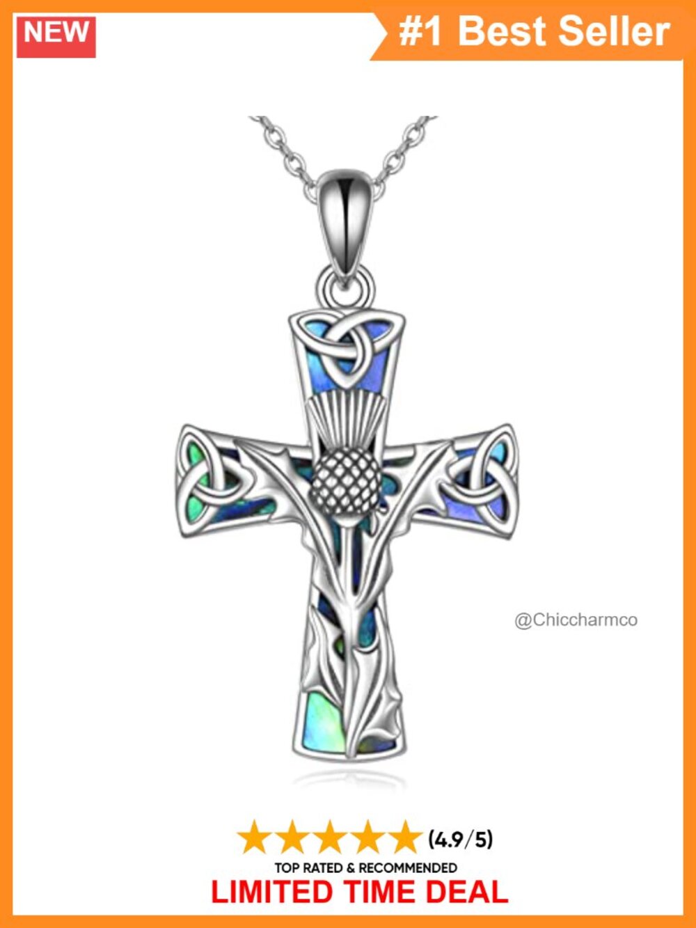 Scottish Thistle Cross Necklace 925 Sterling Silver Pendant